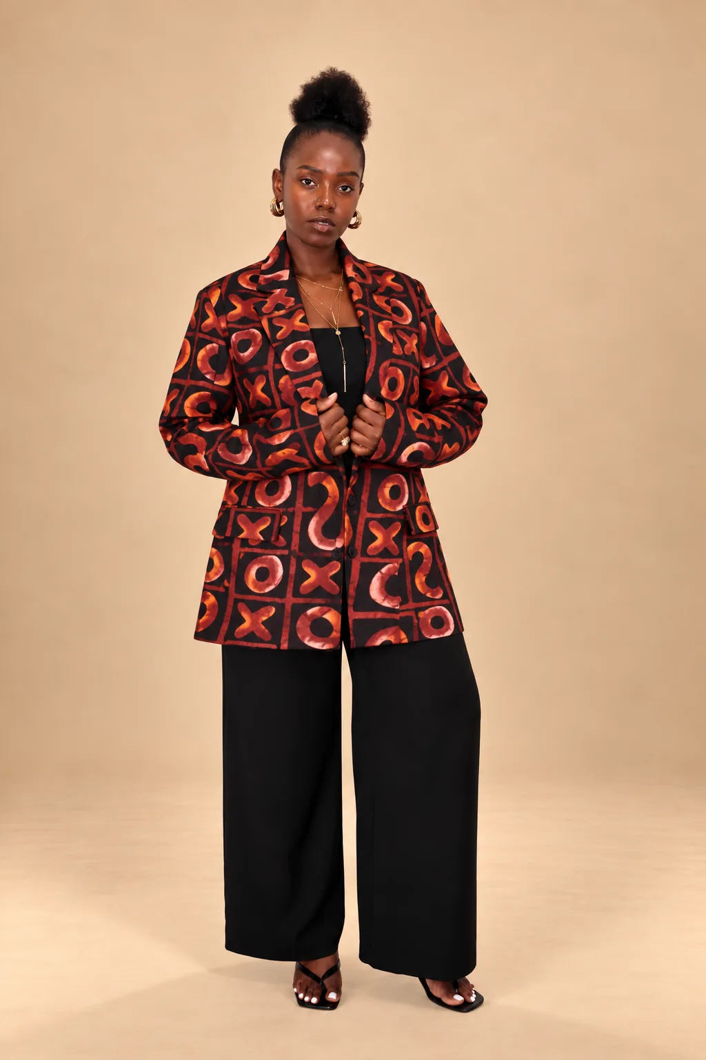 Blazer femme en wax noir et orange Cola – vue 2 – Djidiawax