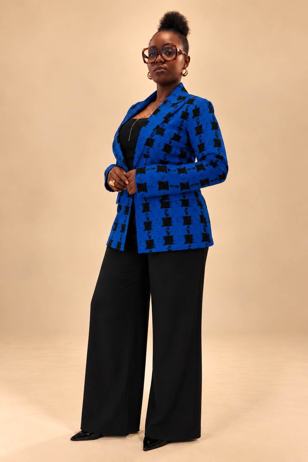 Blazer femme en wax bleu profond et noir
