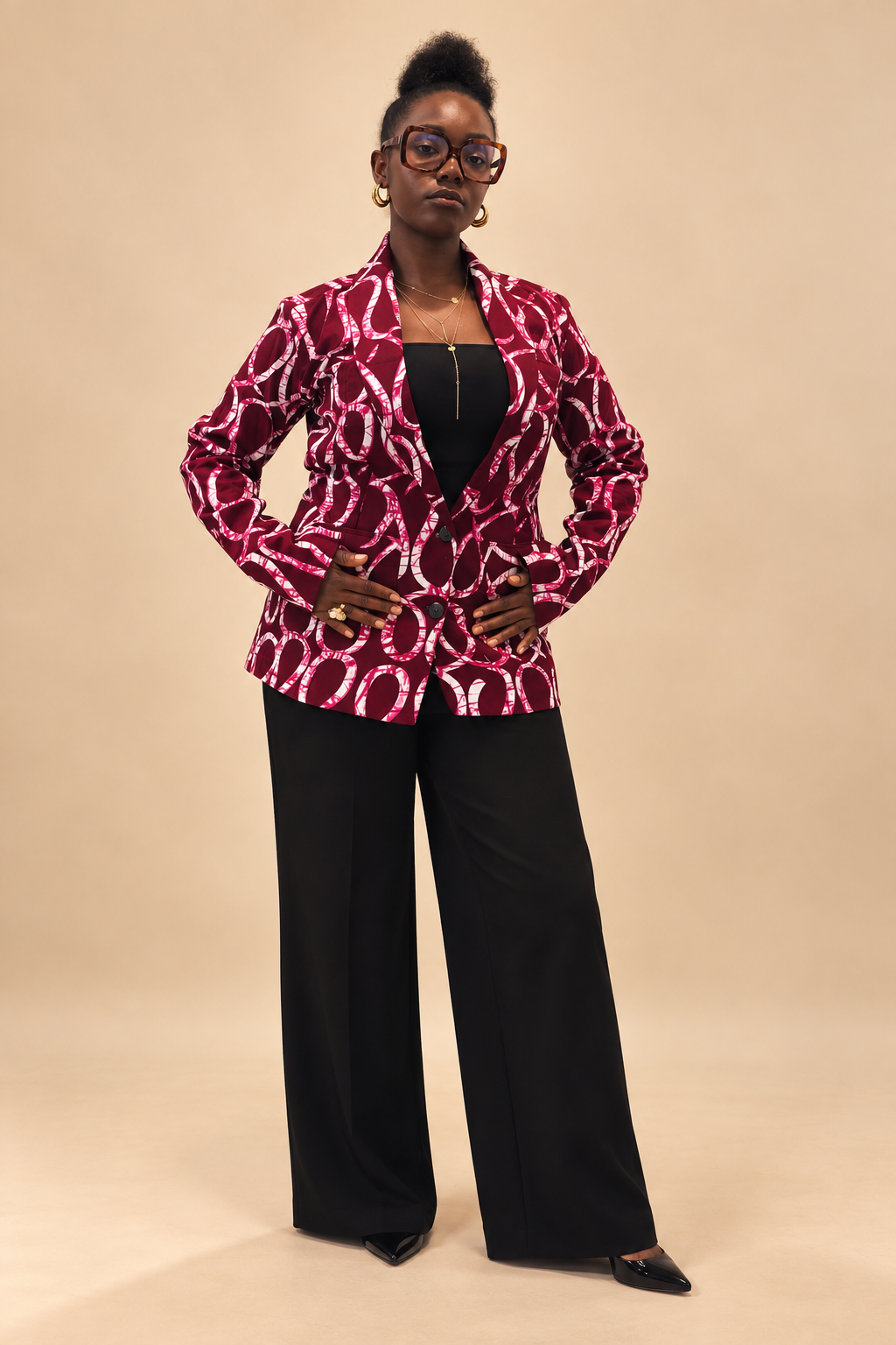 Blazer femme en wax bordeaux et rose
