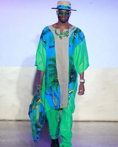 Mogavy Sewing, collection 555, à Hiver Africain 2025 : ensemble vert et bleu